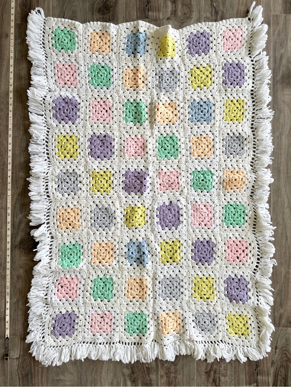 Handmade White Pastel Crochet Granny Square Throw with Fringe Baby Blanket
